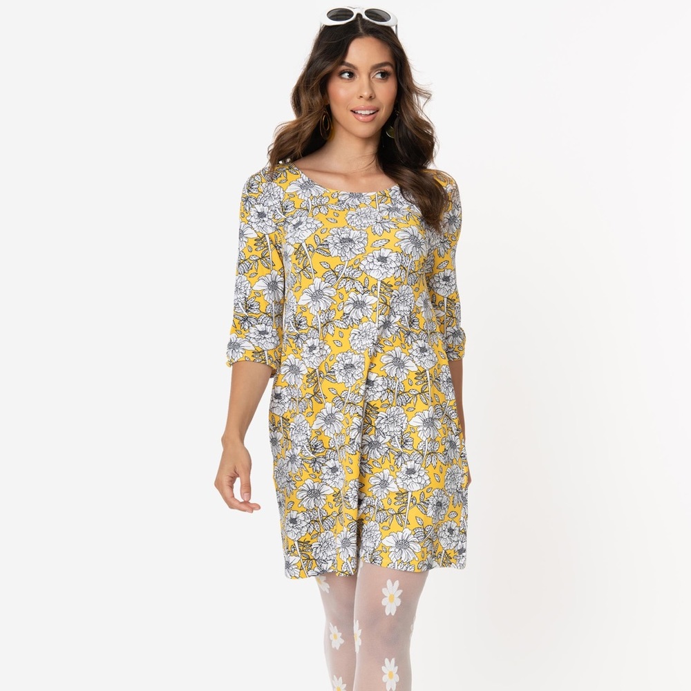 Unique Vintage Yellow Floral Shift Dress
